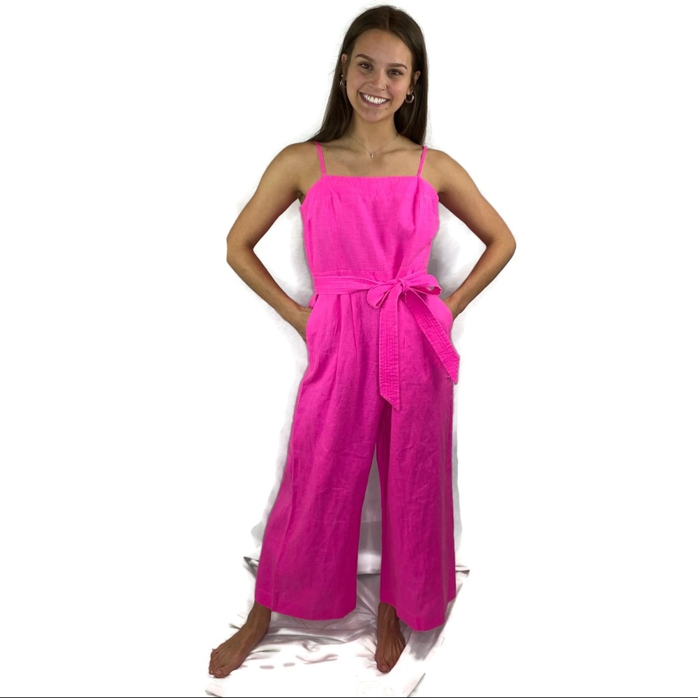 J. Crew Hot Pink Linen Summer Pantsuit size 6, Belted with Back Zipper